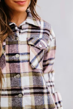 Outlet Dear-Lover Geometric Plaid Print Pocketed Shacket Pink
