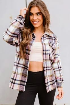 Outlet Dear-Lover Geometric Plaid Print Pocketed Shacket Pink