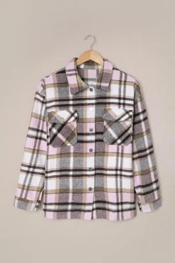 Outlet Dear-Lover Geometric Plaid Print Pocketed Shacket Pink