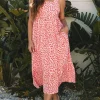 Outlet Dear-Lover Geometric Print Knot Back Sleeveless Ruffle Hem Dress Pink