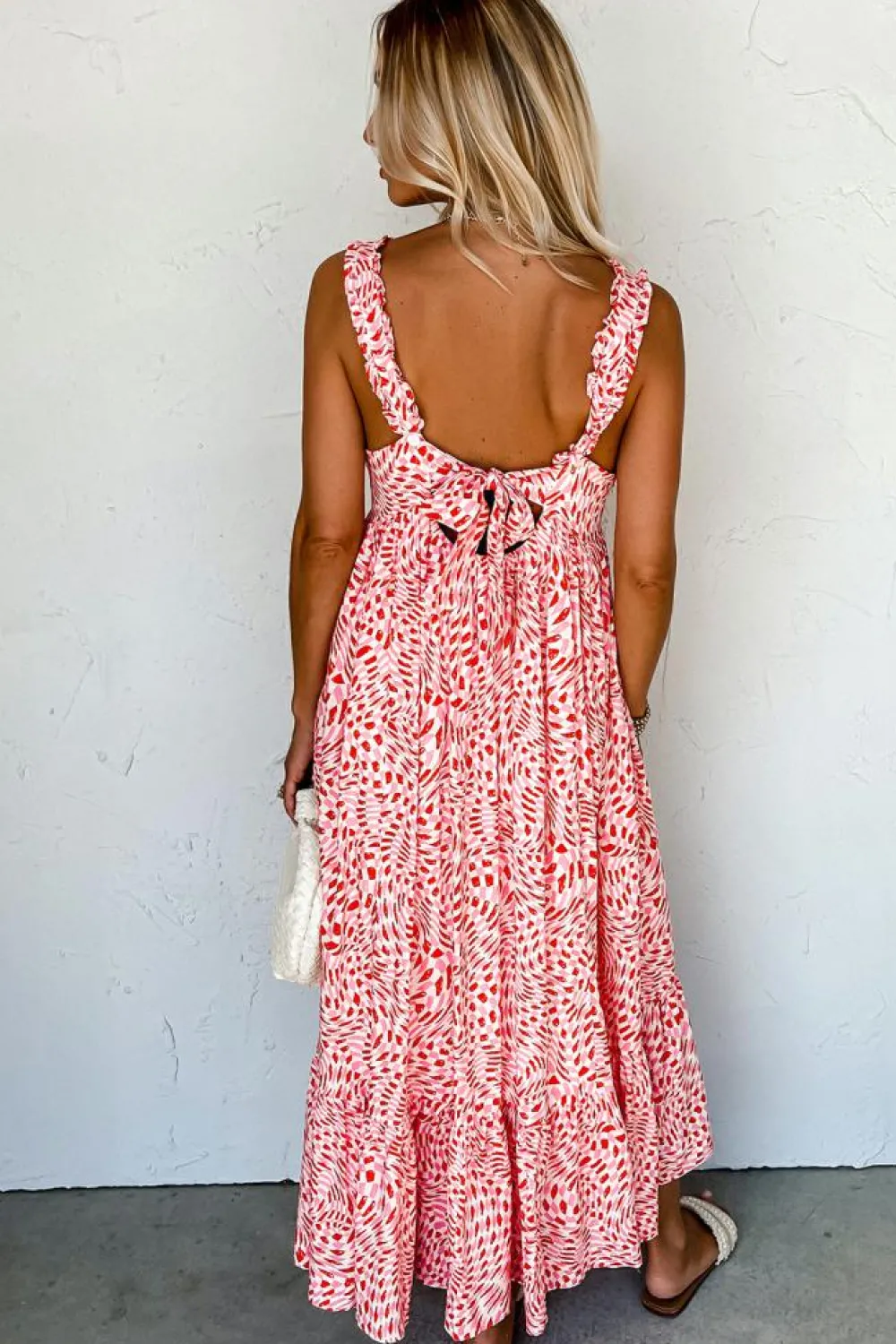 Outlet Dear-Lover Geometric Print Knot Back Sleeveless Ruffle Hem Dress Pink