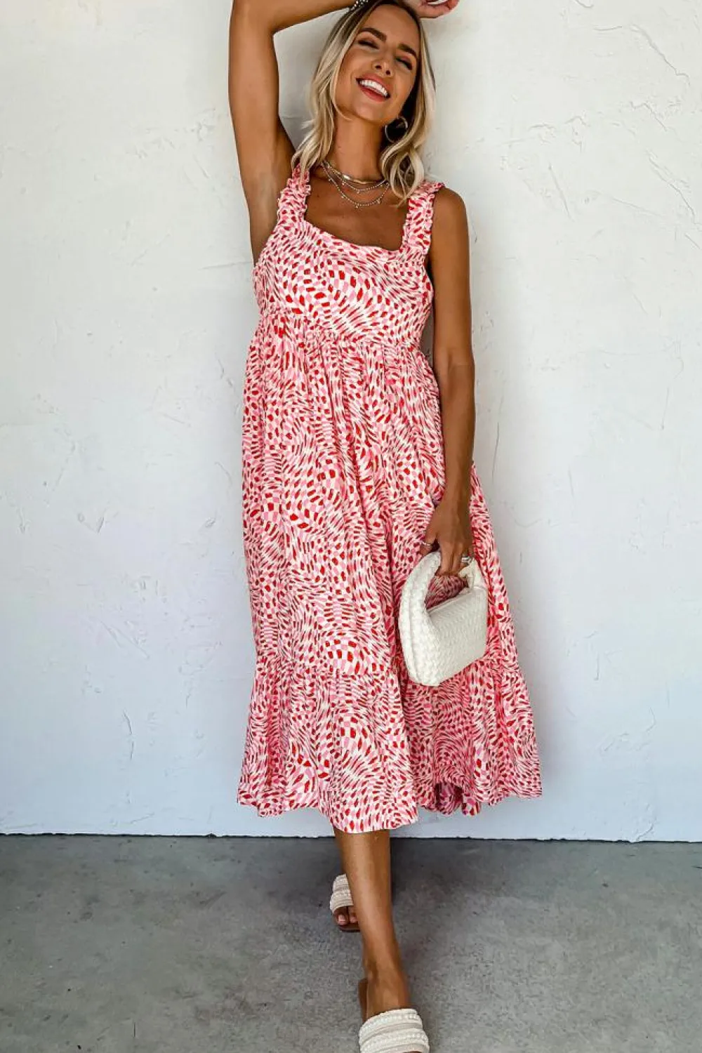 Outlet Dear-Lover Geometric Print Knot Back Sleeveless Ruffle Hem Dress Pink