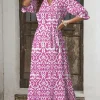 Fashion Dear-Lover Geometric Print V Neck Casual Long Dress Pink