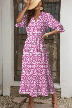 Fashion Dear-Lover Geometric Print V Neck Casual Long Dress Pink