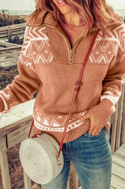 Sale Dear-Lover Geometry Knit Quarter Zip Sweater Pink
