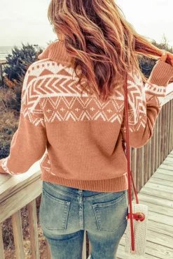Sale Dear-Lover Geometry Knit Quarter Zip Sweater Pink