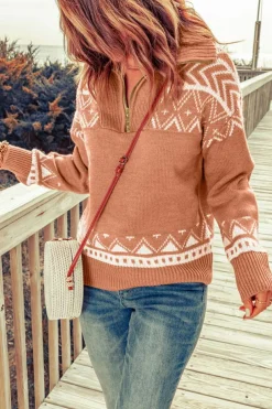 Sale Dear-Lover Geometry Knit Quarter Zip Sweater Pink
