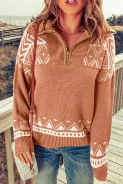 Sale Dear-Lover Geometry Knit Quarter Zip Sweater Pink