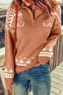 Sale Dear-Lover Geometry Knit Quarter Zip Sweater Pink
