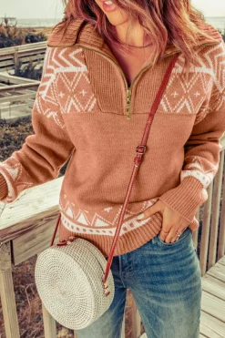 Sale Dear-Lover Geometry Knit Quarter Zip Sweater Pink