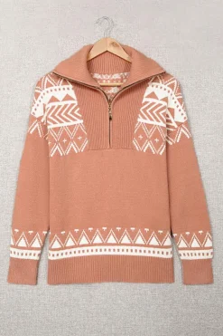 Sale Dear-Lover Geometry Knit Quarter Zip Sweater Pink