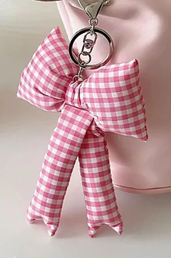 New Dear-Lover Gingham Puffer Bow Knot Bag Pendant Keychain Pink