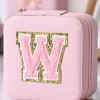 Fashion Dear-Lover Glitter Chenille Letter W Jewelry Box with Mirror Pink