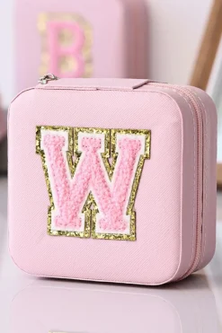 Fashion Dear-Lover Glitter Chenille Letter W Jewelry Box with Mirror Pink