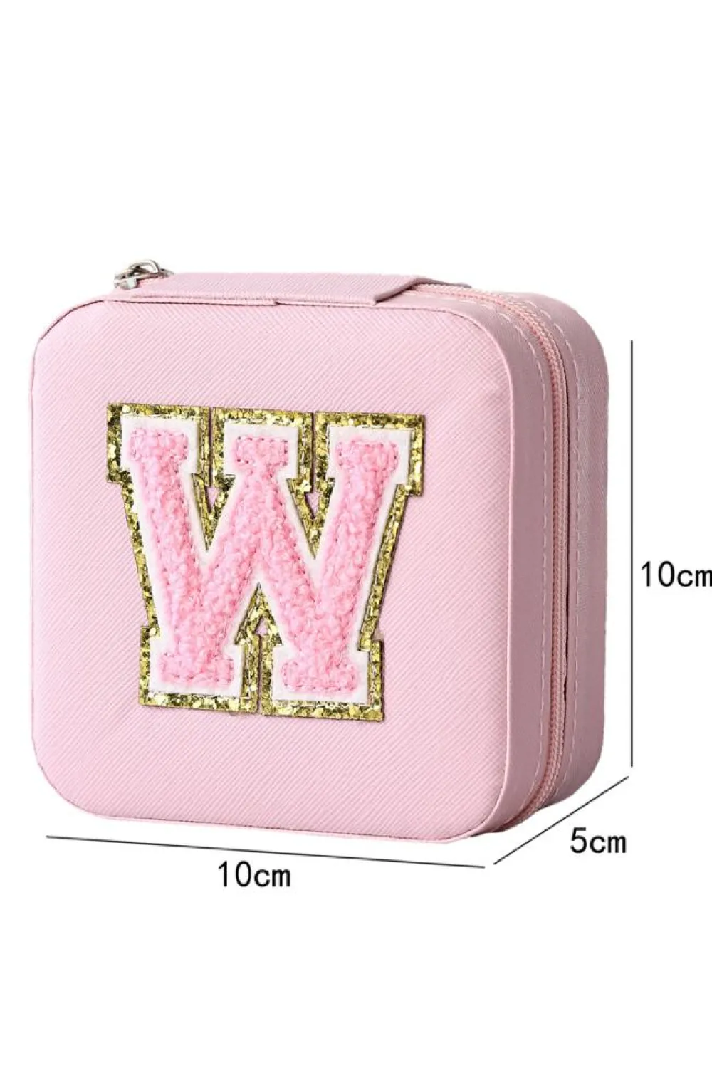 Fashion Dear-Lover Glitter Chenille Letter W Jewelry Box with Mirror Pink