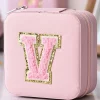 Clearance Dear-Lover Glitter Chenille V Letter Mini Square Jewery Box with Mirror Pink