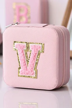 Clearance Dear-Lover Glitter Chenille V Letter Mini Square Jewery Box with Mirror Pink