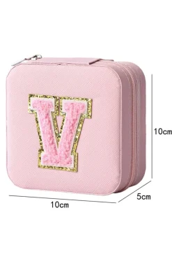 Clearance Dear-Lover Glitter Chenille V Letter Mini Square Jewery Box with Mirror Pink