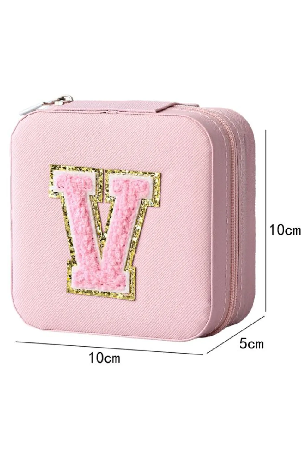 Clearance Dear-Lover Glitter Chenille V Letter Mini Square Jewery Box with Mirror Pink