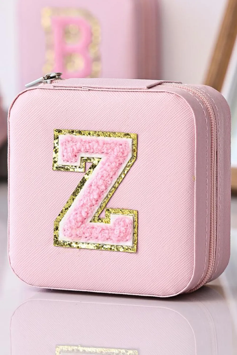 New Dear-Lover Glitter Chenille Z Graphic Mini Jewelry Box with Mirror Pink