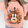 Outlet Dear-Lover Guitar Flower Print Crew Neck Loose T Shirt Pink