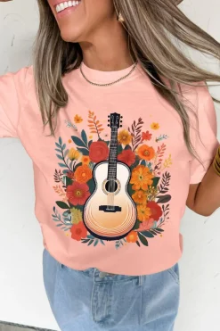 Outlet Dear-Lover Guitar Flower Print Crew Neck Loose T Shirt Pink