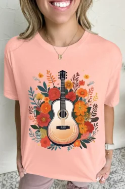 Outlet Dear-Lover Guitar Flower Print Crew Neck Loose T Shirt Pink