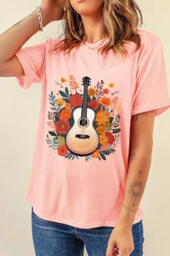 Outlet Dear-Lover Guitar Flower Print Crew Neck Loose T Shirt Pink