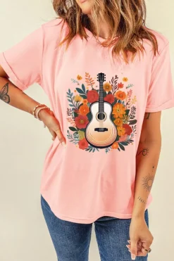 Outlet Dear-Lover Guitar Flower Print Crew Neck Loose T Shirt Pink