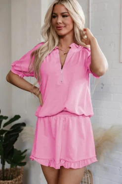 Hot Dear-Lover Half Zip Puff Sleeve Top and Ruffled Shorts Set Pink