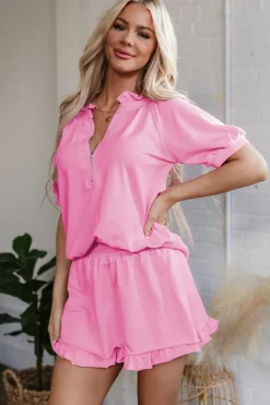 Hot Dear-Lover Half Zip Puff Sleeve Top and Ruffled Shorts Set Pink