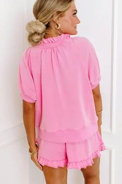 Hot Dear-Lover Half Zip Puff Sleeve Top and Ruffled Shorts Set Pink