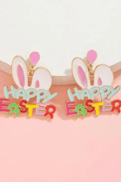 Online Dear-Lover Happy Easter Bunny Ear Pattern Stud Dangle Earrings Pink