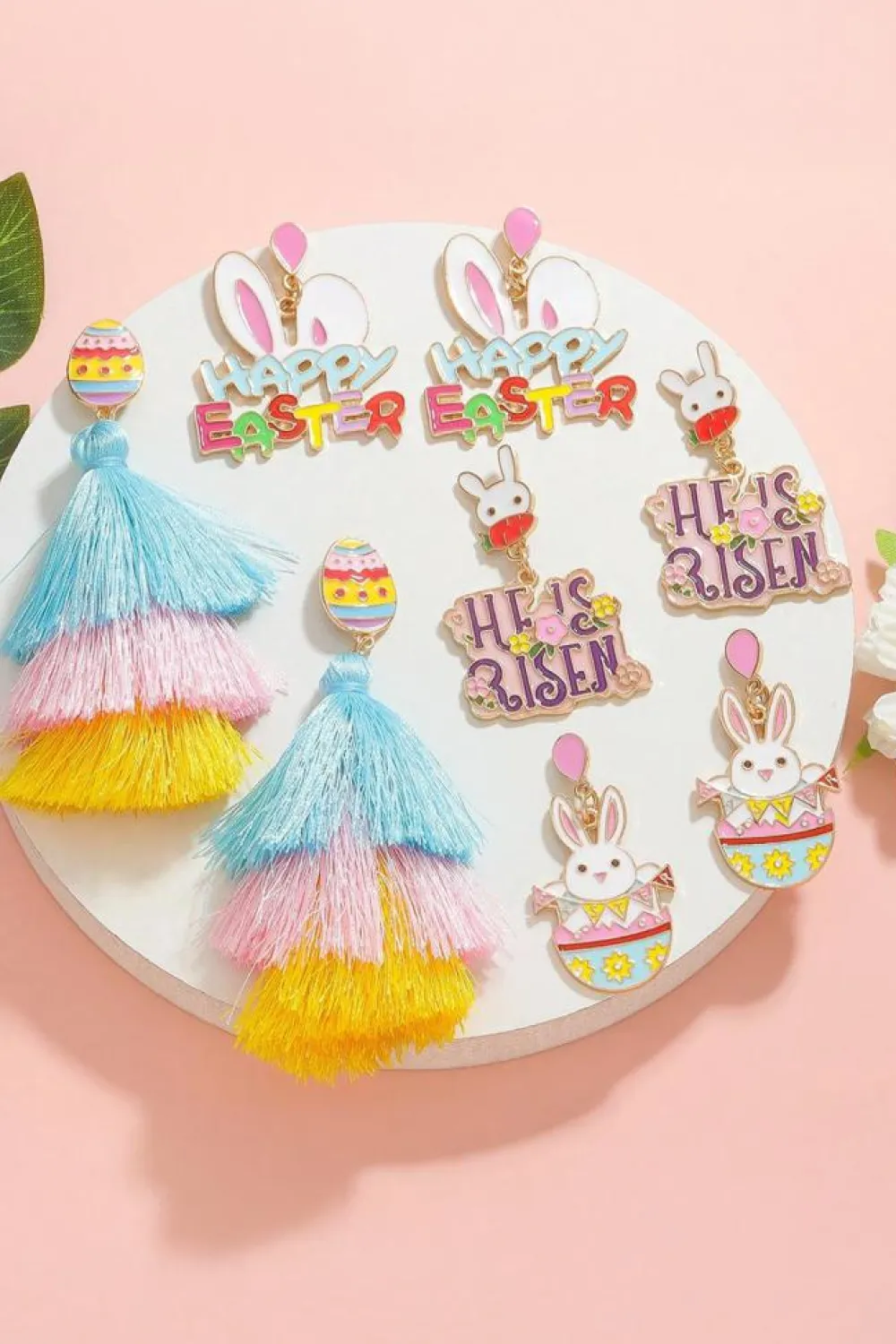 Online Dear-Lover Happy Easter Bunny Ear Pattern Stud Dangle Earrings Pink