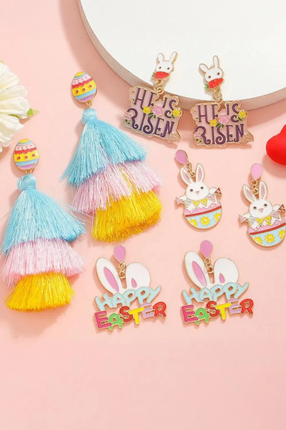 Online Dear-Lover Happy Easter Bunny Ear Pattern Stud Dangle Earrings Pink