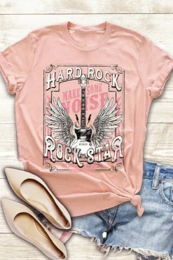 Outlet Dear-Lover Hard Rock Guitar Print Crew Neck T Shirt Pink
