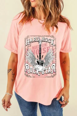 Outlet Dear-Lover Hard Rock Guitar Print Crew Neck T Shirt Pink