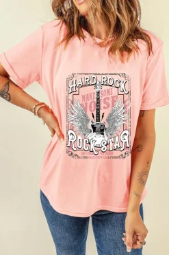 Outlet Dear-Lover Hard Rock Guitar Print Crew Neck T Shirt Pink