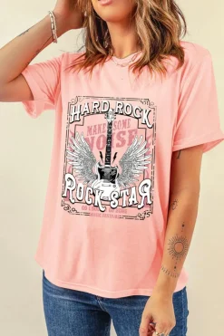 Outlet Dear-Lover Hard Rock Guitar Print Crew Neck T Shirt Pink