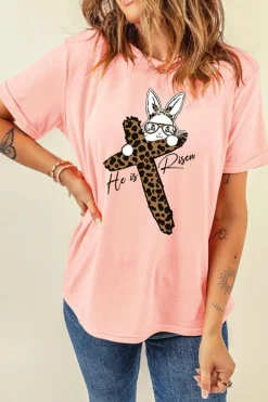 Online Dear-Lover He is Risen Easter Bunny Leopard Cross Graphic Tee Pink