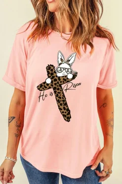 Online Dear-Lover He is Risen Easter Bunny Leopard Cross Graphic Tee Pink