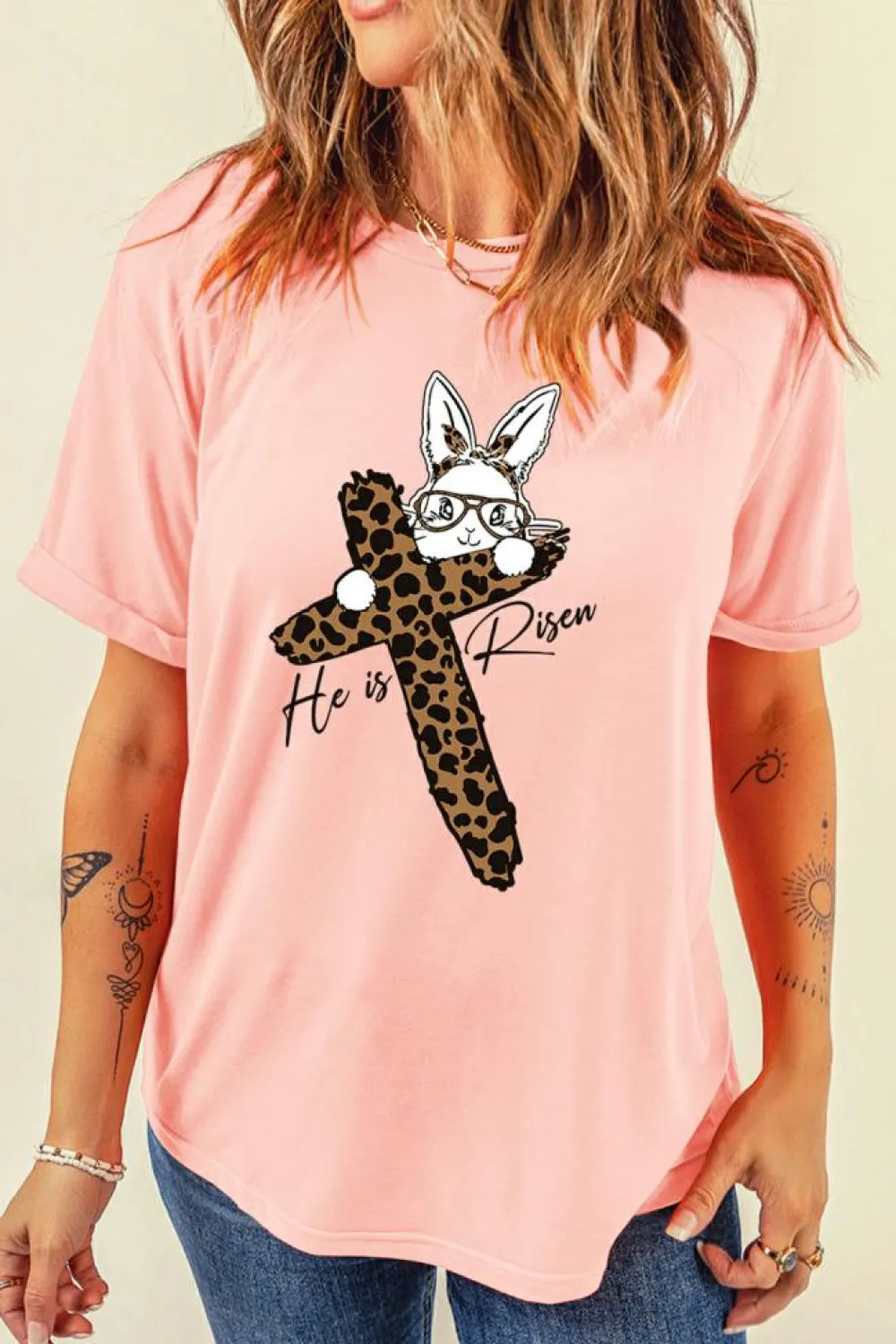 Online Dear-Lover He is Risen Easter Bunny Leopard Cross Graphic Tee Pink