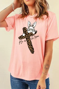 Online Dear-Lover He is Risen Easter Bunny Leopard Cross Graphic Tee Pink