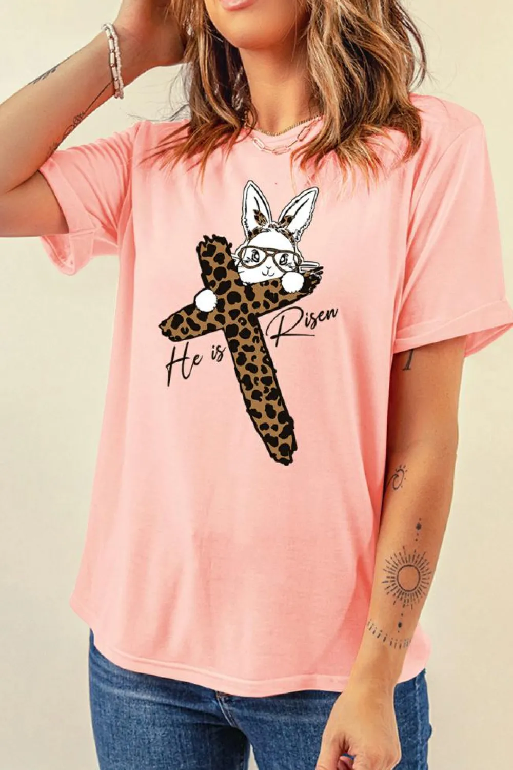 Online Dear-Lover He is Risen Easter Bunny Leopard Cross Graphic Tee Pink