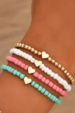Discount Dear-Lover Heart Beaded Multi Layered Bracelet Set Pink