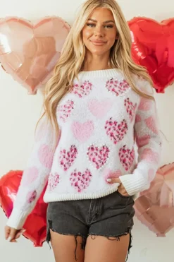 Discount Dear-Lover Heart Leopard Print Pearled Ribbed Trim Fuzzy Sweater Pink