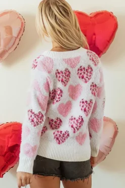 Discount Dear-Lover Heart Leopard Print Pearled Ribbed Trim Fuzzy Sweater Pink