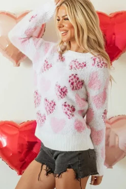 Discount Dear-Lover Heart Leopard Print Pearled Ribbed Trim Fuzzy Sweater Pink