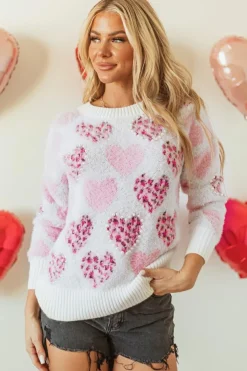 Discount Dear-Lover Heart Leopard Print Pearled Ribbed Trim Fuzzy Sweater Pink