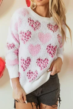 Discount Dear-Lover Heart Leopard Print Pearled Ribbed Trim Fuzzy Sweater Pink